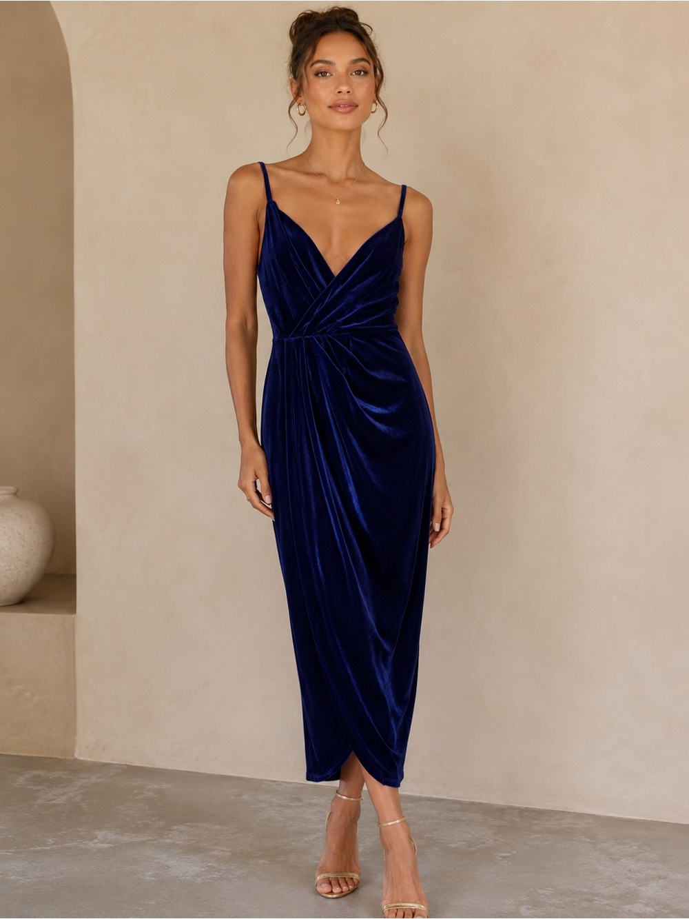 Missufe Velvet Twist-Front Midi Dress in Deep Navy